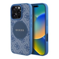 Guess для iPhone 16 Pro чехол PU 4G with Round Patch Metal logo Hard Blue (MagSafe)