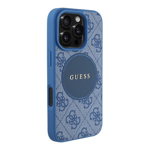 Guess для iPhone 16 Pro чехол PU 4G with Round Patch Metal logo Hard Blue (MagSafe)