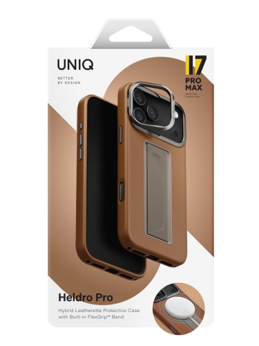 Uniq для iPhone 17 Pro Max чехол Heldro PRO Leatherette + FlexGrip & Camera stand Caramel (MagSafe)