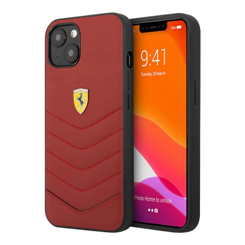 Кожаный чехол Ferrari Quilted with metal logo Hard для iPhone 13, красный