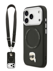 Karl Lagerfeld для iPhone 17 Pro Max чехол Crossbody PU NFT Karl head Metal&amp;Cam Hard +Strap Bk (MagSafe)