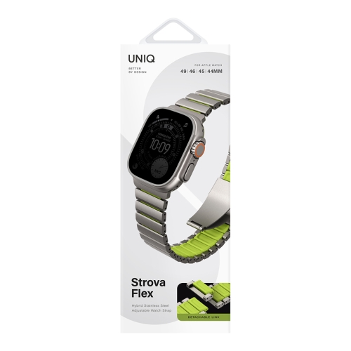 Uniq для Apple Watch 49/46/45/44 mm ремешок Strova Flex Steel Band Titanium Silver/Lime Green