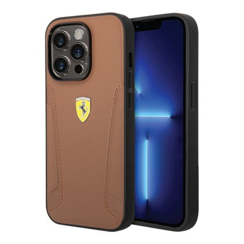 Кожаный чехол Ferrari Leather Stamped sides Hard для iPhone 14 Pro, коричневый
