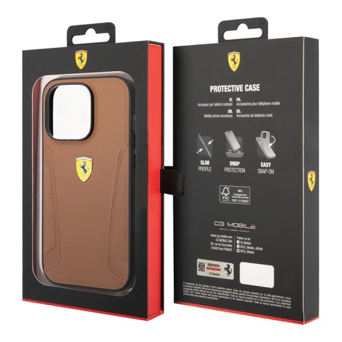 Кожаный чехол Ferrari Leather Stamped sides Hard для iPhone 14 Pro, коричневый