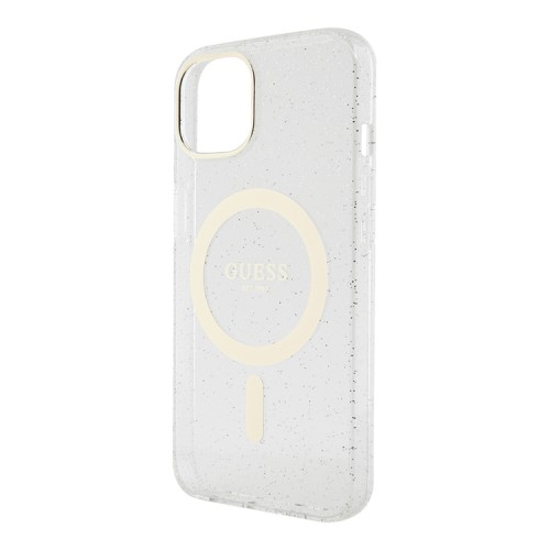 Чехол Guess Glitter Metal outline Hard для iPhone 13, прозрачный/золотой (MagSafe)