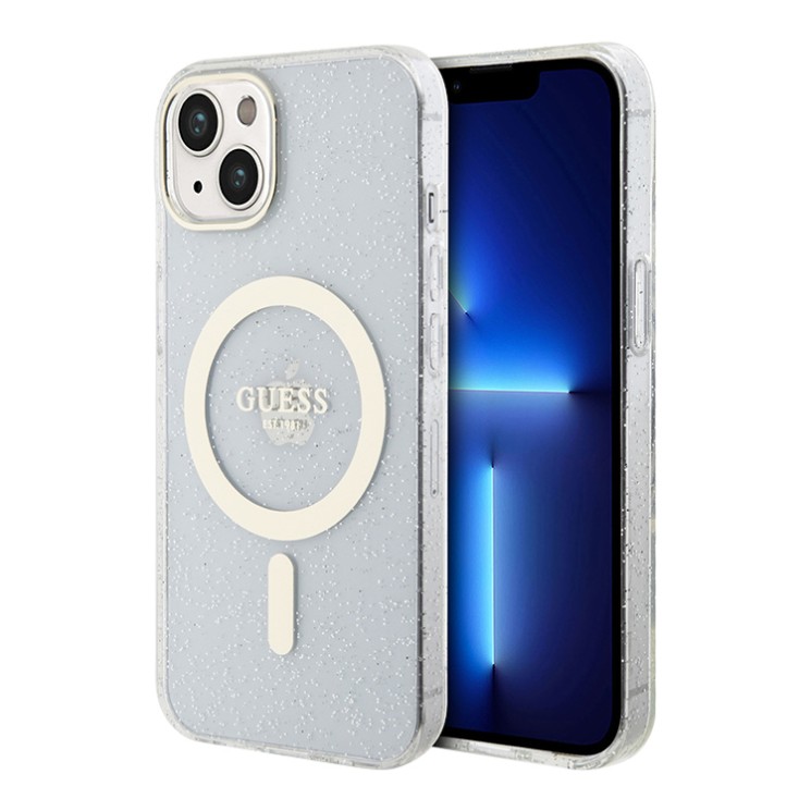 Чехол Guess Glitter Metal outline Hard для iPhone 13, прозрачный/золотой (MagSafe)