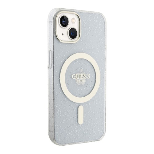 Чехол Guess Glitter Metal outline Hard для iPhone 13, прозрачный/золотой (MagSafe)
