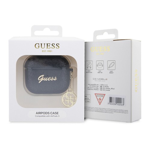 Чехол Guess Glitter flakes Metal logo with charm для Airpods 3 (2021), черный