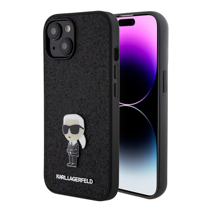 Lagerfeld для iPhone 15 чехол Fixed glitters NFT Karl Ikonik Metal pin Hard Black