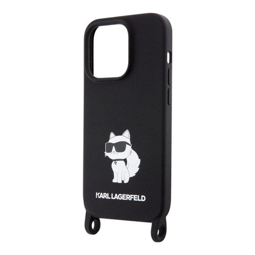 Lagerfeld для iPhone 15 Pro чехол Crossbody Liquid silicone NFT Choupette +Strap Hard Black