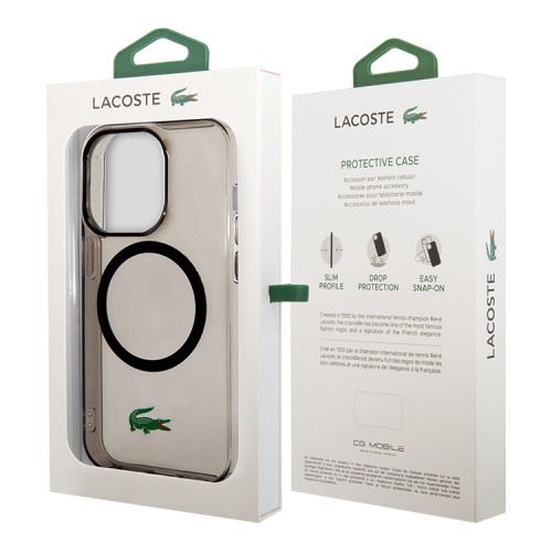 Lacoste для iPhone 15 Pro Max чехол PC/TPU Croc logo Hard Transparent Black (MagSafe)