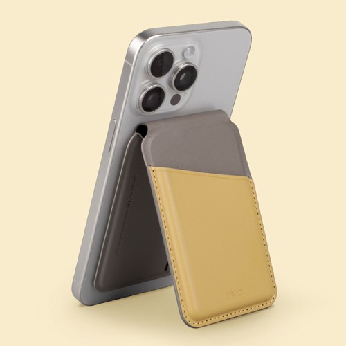 Uniq магнитный бумажник Lyden DS Magnetic FRID-blocking cardholder with Stand Canary Yellow/Flint Grey