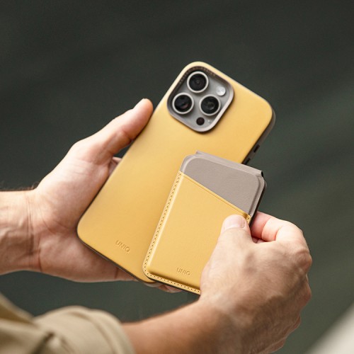 Uniq магнитный бумажник Lyden DS Magnetic FRID-blocking cardholder with Stand Canary Yellow/Flint Grey