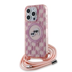 Karl Lagerfeld для iPhone 15 Pro Max чехол Crossbody PC/TPU NFT Karl&Choup Head Hard Pink (MagSafe) +Cord