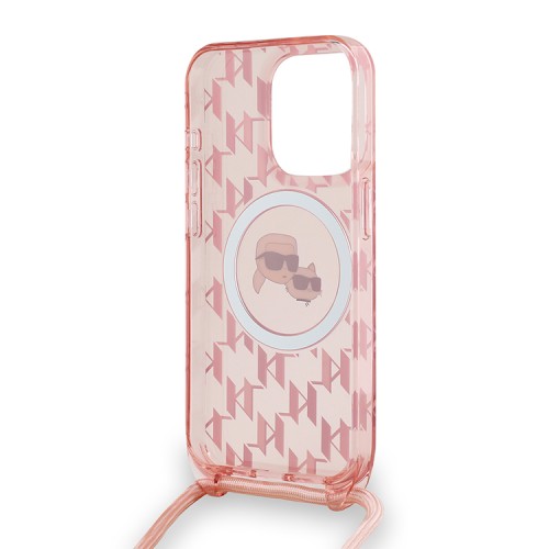 Karl Lagerfeld для iPhone 15 Pro Max чехол Crossbody PC/TPU NFT Karl&Choup Head Hard Pink (MagSafe) +Cord