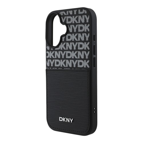 DKNY для iPhone 16 чехол PU Repeat texture with Cardslot Metal logo Hard Black