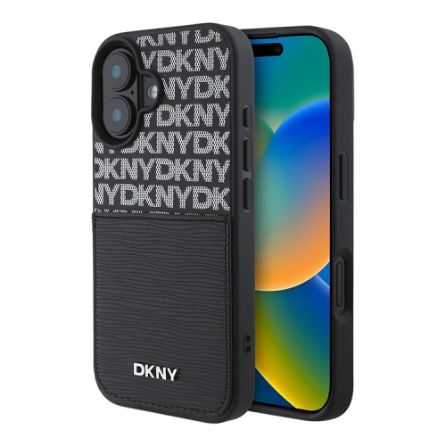 DKNY для iPhone 16 чехол PU Repeat texture with Cardslot Metal logo Hard Black