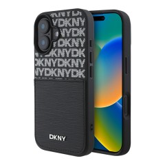 DKNY для iPhone 16 чехол PU Repeat texture with Cardslot Metal logo Hard Black