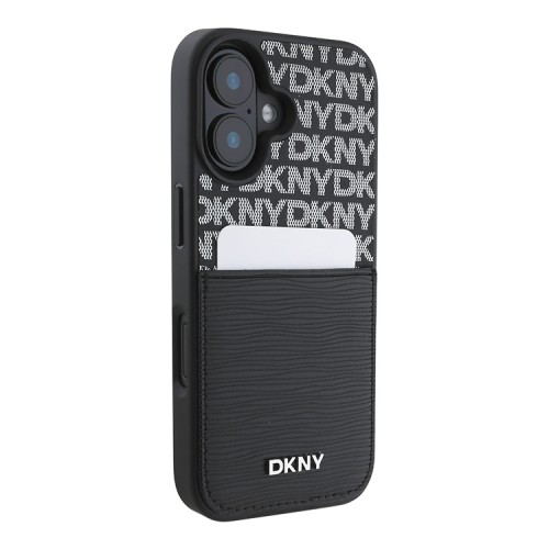 DKNY для iPhone 16 чехол PU Repeat texture with Cardslot Metal logo Hard Black