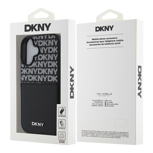 DKNY для iPhone 16 чехол PU Repeat texture with Cardslot Metal logo Hard Black