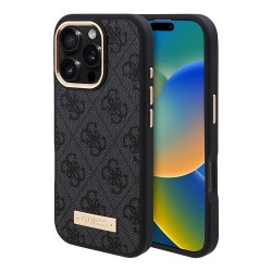 Guess для iPhone 16 Pro чехол PU 4G Plate metal logo Hard Black (MagSafe)