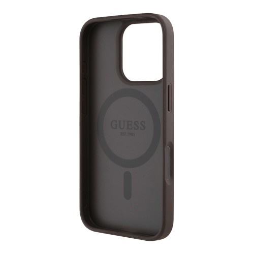 Guess для iPhone 16 Pro чехол PU 4G with Round Patch Metal logo Hard Brown (MagSafe)
