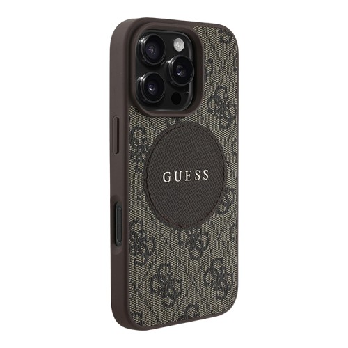 Guess для iPhone 16 Pro чехол PU 4G with Round Patch Metal logo Hard Brown (MagSafe)
