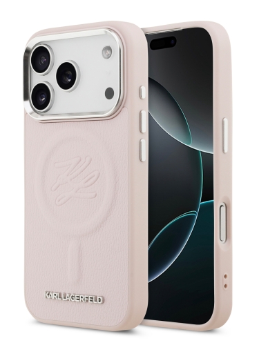 Karl Lagerfeld для iPhone 17 Pro Max чехол PU Debossed Initials Metal logo & Camera Hard Pink (MagSafe)