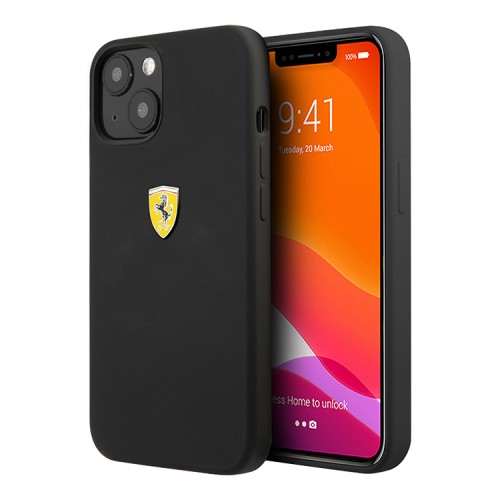 Чехол Ferrari Liquid Silicone with metal logo Hard для iPhone 13, черный