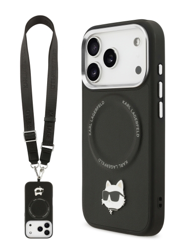 Karl Lagerfeld для iPhone 17 Pro Max чехол Crossbody PU NFT Karl head Metal&Cam Hard +Strap Blk (MagSafe)