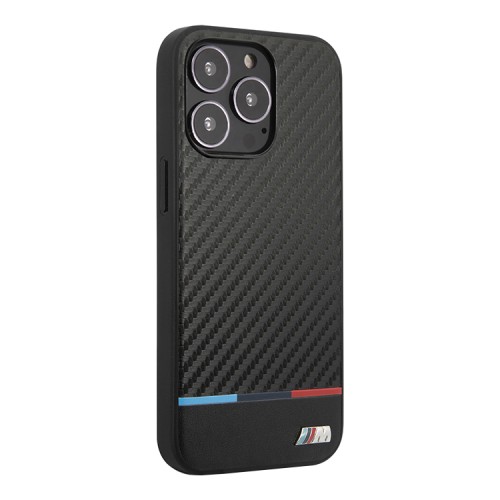 Чехол BMW M-Collection PU Carbon Hard Tricolor line для iPhone 13 Pro, черный (MagSafe)