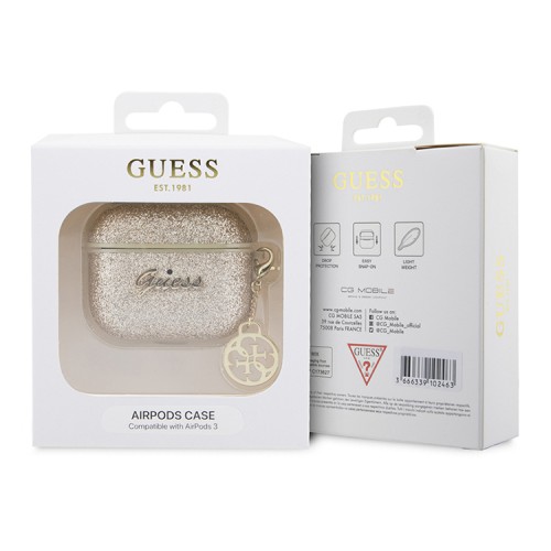 Чехол Guess Glitter flakes Metal logo with charm для Airpods 3 (2021), золотой
