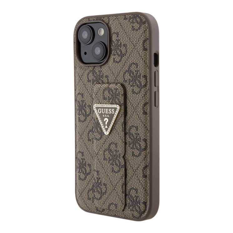 Guess для iPhone 15 чехол GripStand PU 4G with Triangle Diamond metal logo Hard Brown