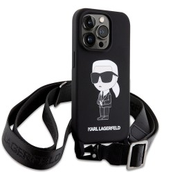 Lagerfeld для iPhone 15 Pro чехол Crossbody Liquid silicone NFT Karl Ikonik +Strap Hard Black