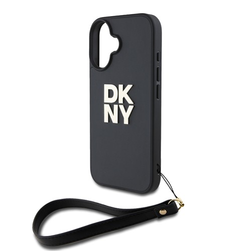 DKNY для iPhone 16 чехол PU Stack metal logo Hard + Hand strap Black