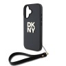 DKNY для iPhone 16 чехол PU Stack metal logo Hard + Hand strap Black