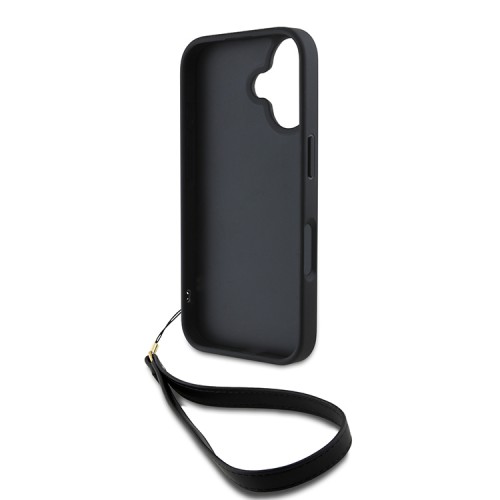 DKNY для iPhone 16 чехол PU Stack metal logo Hard + Hand strap Black