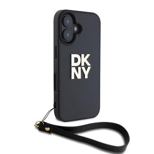 DKNY для iPhone 16 чехол PU Stack metal logo Hard + Hand strap Black