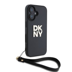 DKNY для iPhone 16 чехол PU Stack metal logo Hard + Hand strap Black