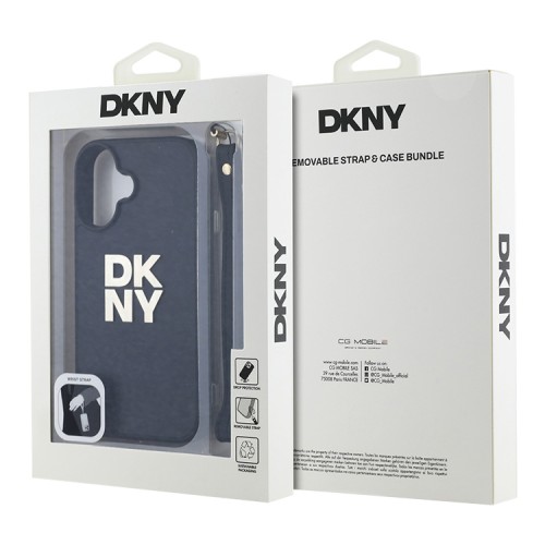 DKNY для iPhone 16 чехол PU Stack metal logo Hard + Hand strap Black