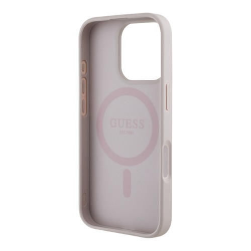 Guess для iPhone 16 Pro чехол PU 4G with Round Patch Metal logo Hard Pink (MagSafe)