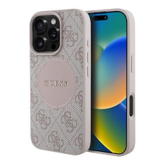 Guess для iPhone 16 Pro чехол PU 4G with Round Patch Metal logo Hard Pink (MagSafe)