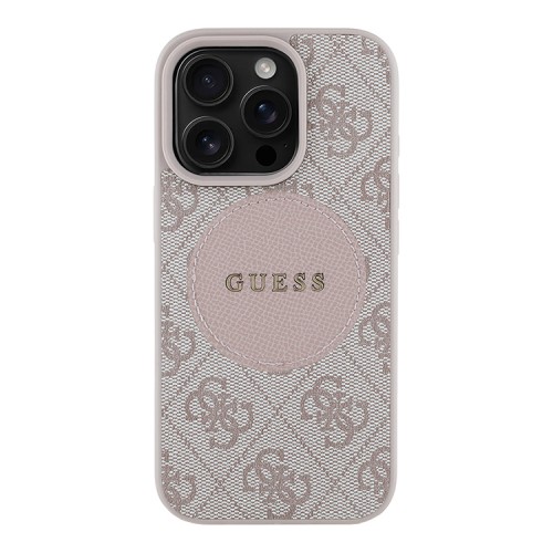 Guess для iPhone 16 Pro чехол PU 4G with Round Patch Metal logo Hard Pink (MagSafe)