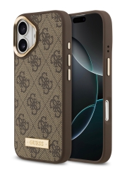 Guess для iPhone 17 чехол PU 4G Plate metal logo and Gold camera Hard Brown (MagSafe)