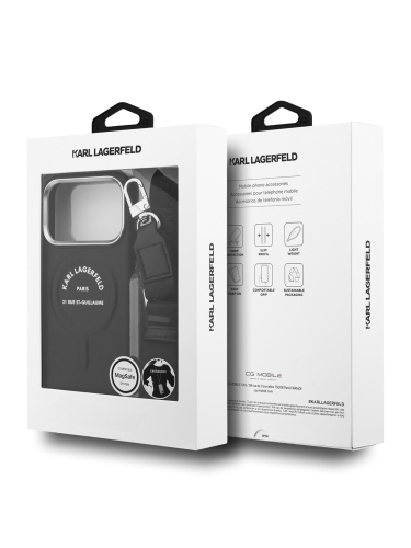 Karl Lagerfeld для iPhone 17 Pro Max чехол Crossbody PU RSG logo & Metal Cam Hard + Strap Black (MagSafe)