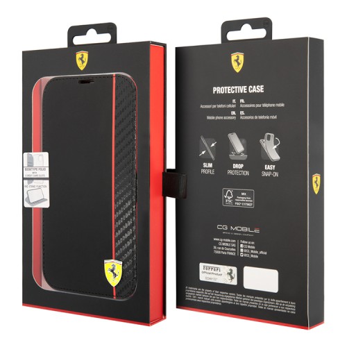 Чехол Ferrari PU Smooth/Carbon Vertical with metal logo Booktype для iPhone 14 Pro, черный