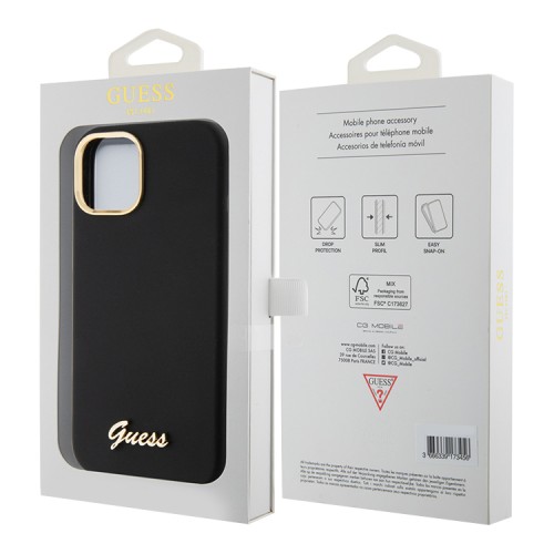 Guess для iPhone 15 чехол Liquid silicone Gold metal logo & Camera frame Hard Black