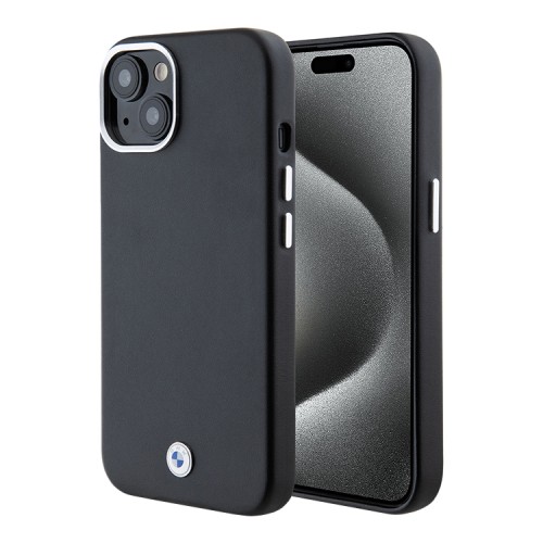BMW для iPhone 15 чехол PU Full Wrapped Metal logo Hard Black (MagSafe)