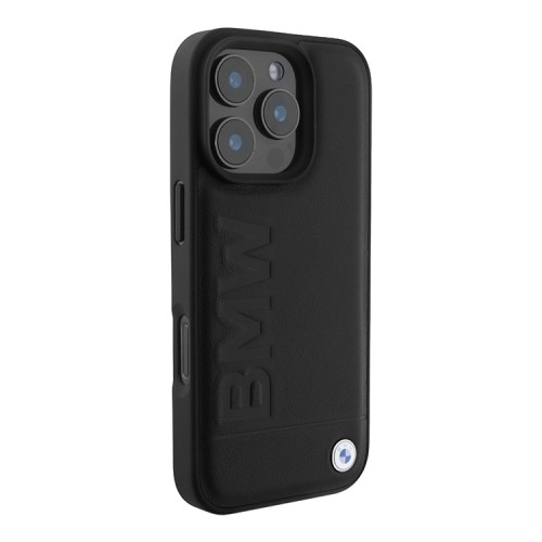 BMW для iPhone 16 Pro чехол Signature Leather Logo imprint Black (MagSafe)