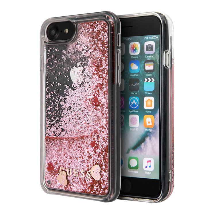 Чехол Guess Liquid Glitter Floating Hearts Hard для iPhone 7/8/SE 2020, розовый